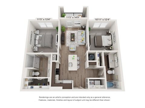 Floor plan for 2 beds, 2 baths, 952 sqft